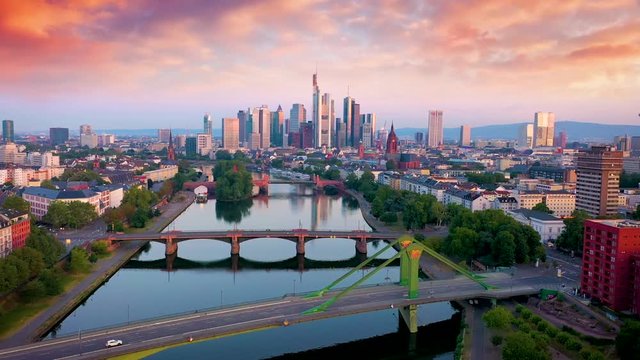 Munich aerial skyline view video in 4k, view of river and bridge in background skyscrapers in 4k.