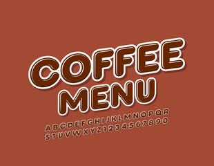 Vector modern template Coffee Menu with Uppercase Brown Font. Creative glossy Alphabet Letters and Numbers