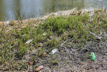 Litter plastic in the nature. Pollution of the environment. Ecological disaster. Green dirty water.