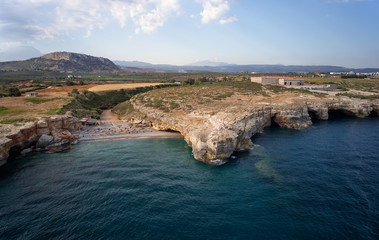 Aerial view on Spilies beach and and coastal rocks on Crete, Greece