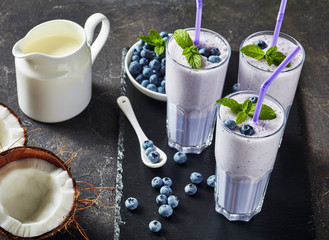 blueberry smoothie with coconut milk, top view