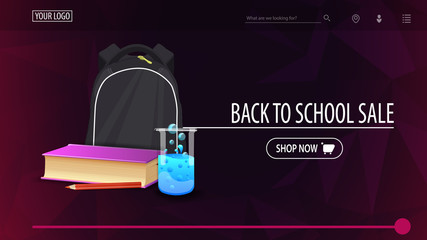 Back to school sale and discount week, purple discount banner with polygonal texture, school backpack, a book and a chemical flask