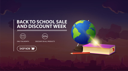 Back to school sale and discount week, discount banner with city on background, globe and school textbooks