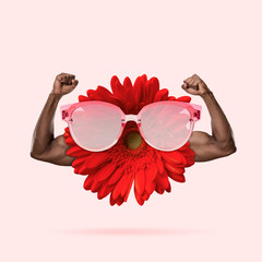 Healthy eating anf lifestyle, flower with human male hands on pink background. Negative space to...