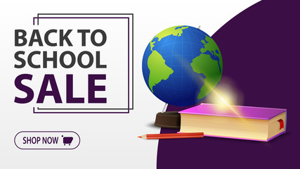 Back to school sale, white banner with globe and school textbooks