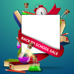 Back to school sale, web banner template with books and chemical flasks