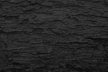 Burnt wooden texture background. Rough black wood surface caused by burning fire. Dark material made from coal or charcoal.