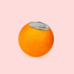 Fresh and natural drink, full of vitamins. An orange as a can on trendy coral background. Negative space to insert your text. Modern design. Contemporary art. Creative conceptual and colorful collage.