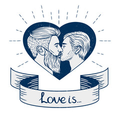 Black and white vector illustration with grunge texture. Vector banner a homosexual couple is kissing. Two young men kissing each other inside the heart shape frame with typing "love is" on a ribbon