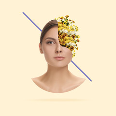 Growing an idea, fresh thoughts. Female face with the flowers on yellow background. Negative space...