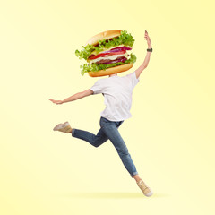 Fast food. Running human body headed by the burger on yellow background. Negative space to insert...