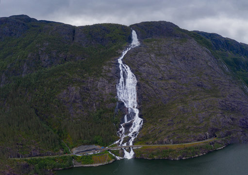Langfossen waterfall, view from drone - Norway