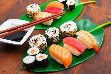 assorted japanese sushi food. All you can eat menu. Maki and rolls with salmon, tuna and shrimp