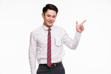 Asian businessman standing and point his finger..