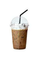Ice mocha in take away plastic cup with black staw isolate on white background. Freshness with...