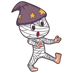 cartoon kids wear costumes mummy on halloween day