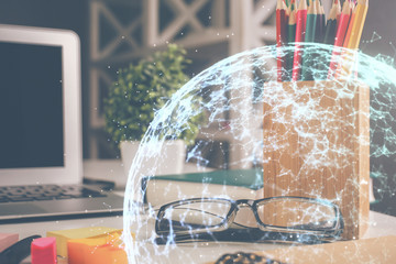 Social network theme drawing with glasses on the table background. Concept of people media...