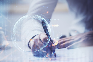 Man with double exposure international connection concept icons.