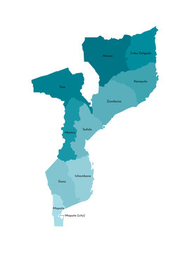 Vector isolated illustration of simplified administrative map of Mozambique. Borders and names of the provinces (regions). Colorful blue khaki silhouettes