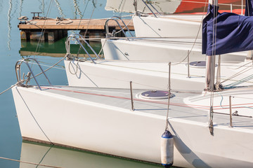Yachts Open Deck Sailboat Racers Moored Harbor Closeup Abstract
