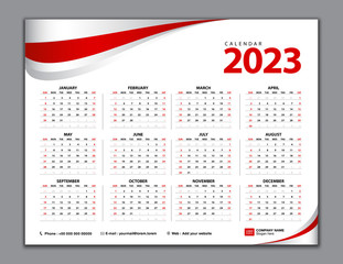 Calendar 2023, Simple calendar, desk, Week starts from Sunday. Set of 12 Months, vector template, red abstract background