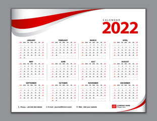 Calendar 2022, Simple calendar, desk, Week starts from Sunday. Set of 12 Months, vector template, red abstract background