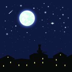 Obraz na płótnie Canvas vector full moon. glowing halo. comets and planets. starry sky. roofs of houses. cat on the roof. can be used as a background, postcard, pattern on clothes, scrapbooking, book illustration