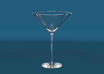 Empty cocktail glass isolated on blue background. Side view. 3D render.