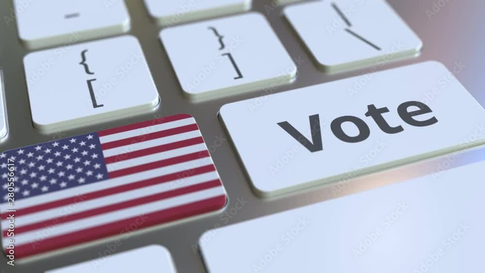 Poster vote text and flag of the united states on the buttons on the computer keyboard. election related co