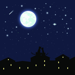 Obraz na płótnie Canvas vector full moon. glowing halo. comets and planets. starry sky. roofs of houses. two cats on the roof. can be used as a background, postcard, pattern on clothes, scrapbooking, book illustration