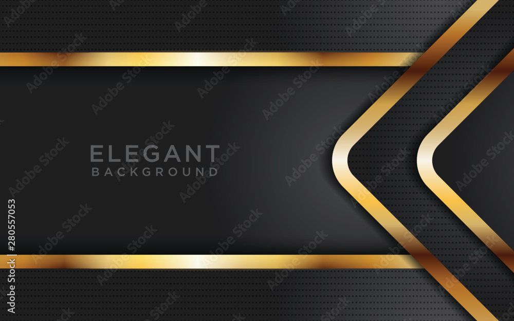 Poster dark abstract background black overlap layers. golden list and golden glitters dots element on hexag