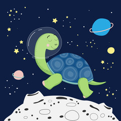 Cute cartoon print with a turtle in space