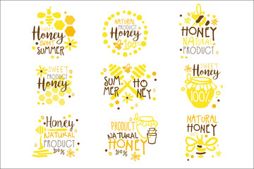 Natural Honey Products 100 Percent Organic Set Of Colorful Promo Sign Design Templates With Bees And Honeycombs