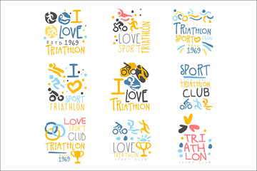 Triathlon Supporters And Fans Club For People That Love Sport Set Of Colorful Promo Sign Design Templates - obrazy, fototapety, plakaty