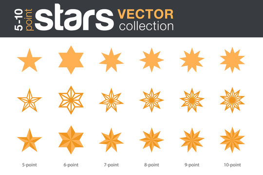 Stars Shapes Silhouettes Vector collection. 5, 6, 7, 8, 9, 10-point stars in three styles.