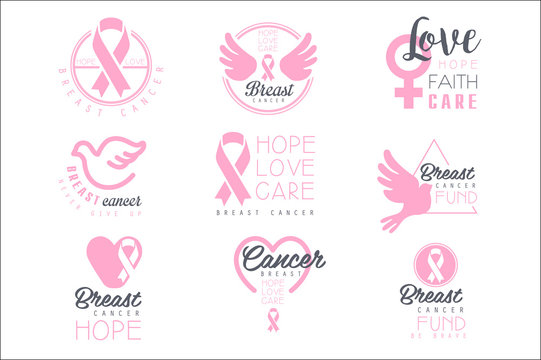 Breast Cancer Fund Set Of Colorful Promo Sign Design Templates In Pink Color With International Cancer Sickness Symbols And Motivating Slogans