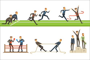 Business Competition Set Of Illustrations With Businessman Running And Competing In Sports