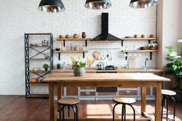Bright kitchen background. Bright kitchen. Wooden countertops