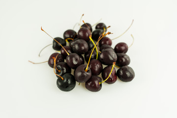 pile of fresh organic ripe black cherries isolated on white background