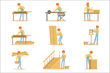 Professional Wood Jointer At Work Crafting Wooden Furniture And Other Construction Elements Vector Illustrations