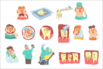 Funny Cartoon Dentist And Patient Illustration Set With Dental Care Procedures And Humanized Teeth Characters