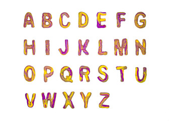 Yellow purple plasticine alphabet A-Z isloated on white background