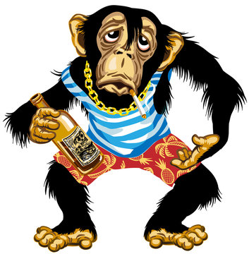 Cartoon Drunk Chimpanzee Great Ape With Golden Chain On The Neck And Holding Empty Bottle Of Alcohol, Wearing Sailor Shirts And Shorts. Chimp Monkey Alcoholic Smoking A Cigarette In Vacation. Isolated