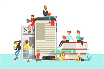 People Who Love To Read Reading Books Around Giant Electronic Book And Newspaper