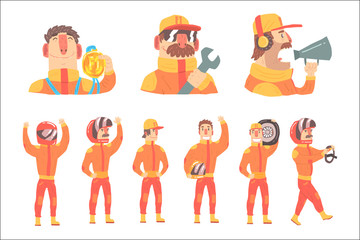 Racing Team Members In Orange Uniform Including Driver and Pit Stop Technicians Team Set of Cartoon Characters.