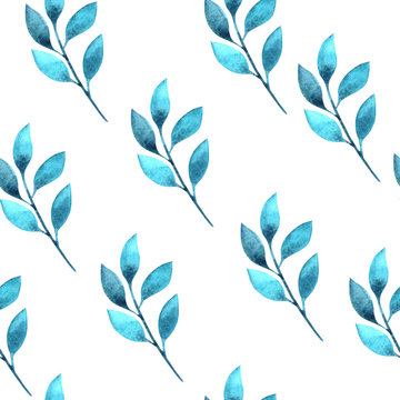 Watercolor seamless pattern with leaves. Herbal background. Blue leaves.