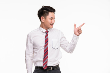 Asian businessman standing and point his finger..