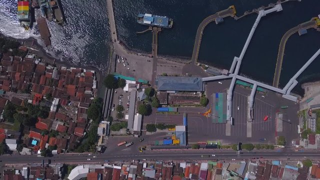 Aerial: The port area Ketapang - Gilimanuk, Ferry from Java to Bali island, Indonesia