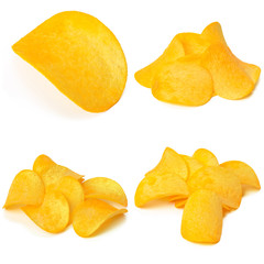 Set of potato chips close-up on an isolated white background