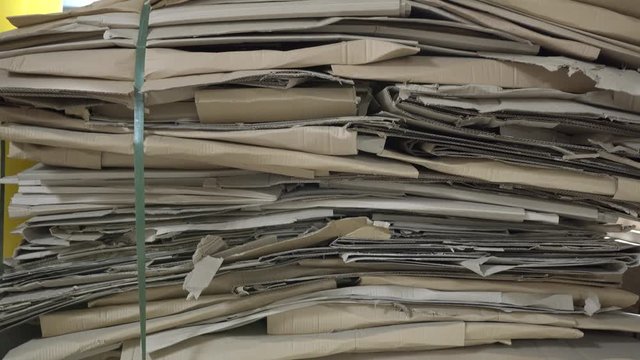 Review of a used cardboard stack tied with plastic ties in the warehouse. Recycling cardboard. Waste paper. Recycle industry paper plant.